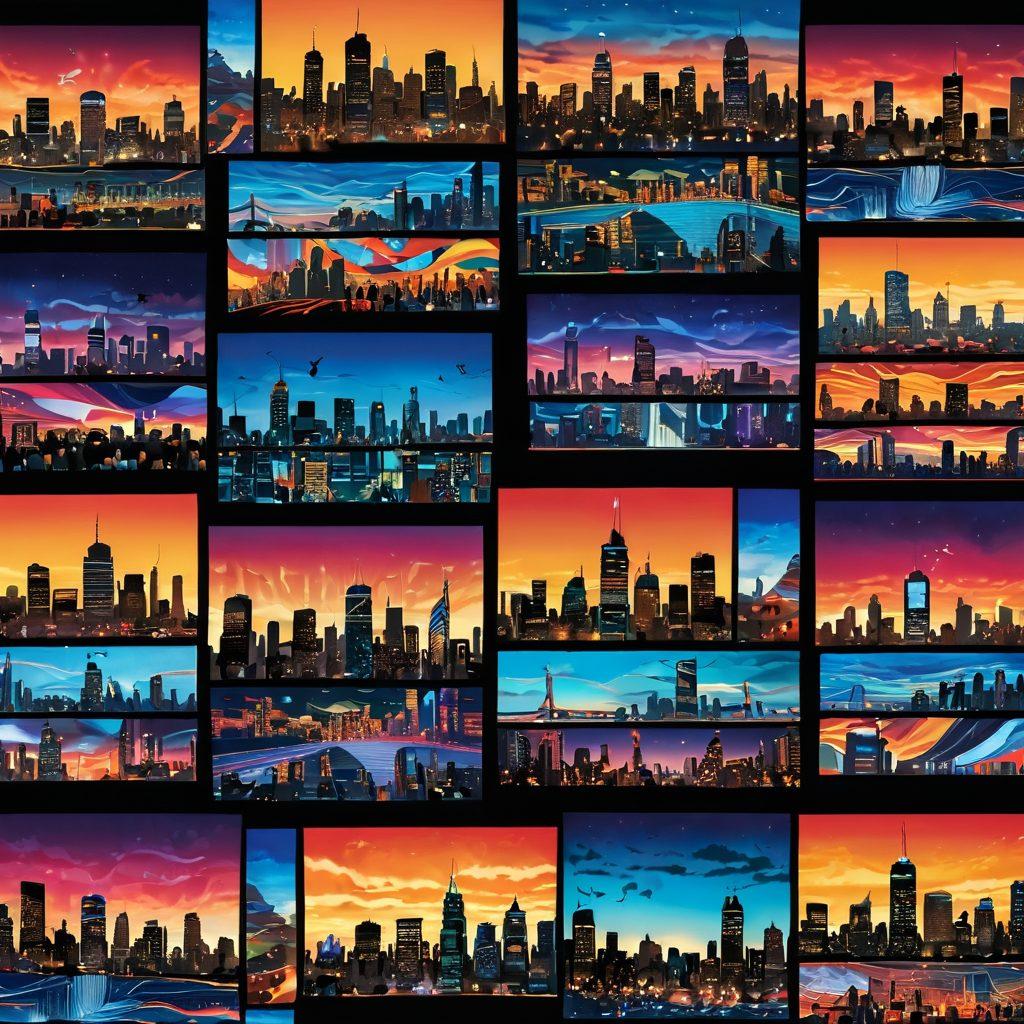 A dynamic collage depicting a variety of audiences engaged with screens, showcasing diverse expressions of affection and enthusiasm. Include elements like colorful digital waves representing broadcast signals and heart symbols radiating from the screens, symbolizing connection. The background features a modern city skyline under a twilight sky for added ambiance. Bright and engaging colors to evoke warmth and interaction. super-realistic. vibrant colors. digital art.