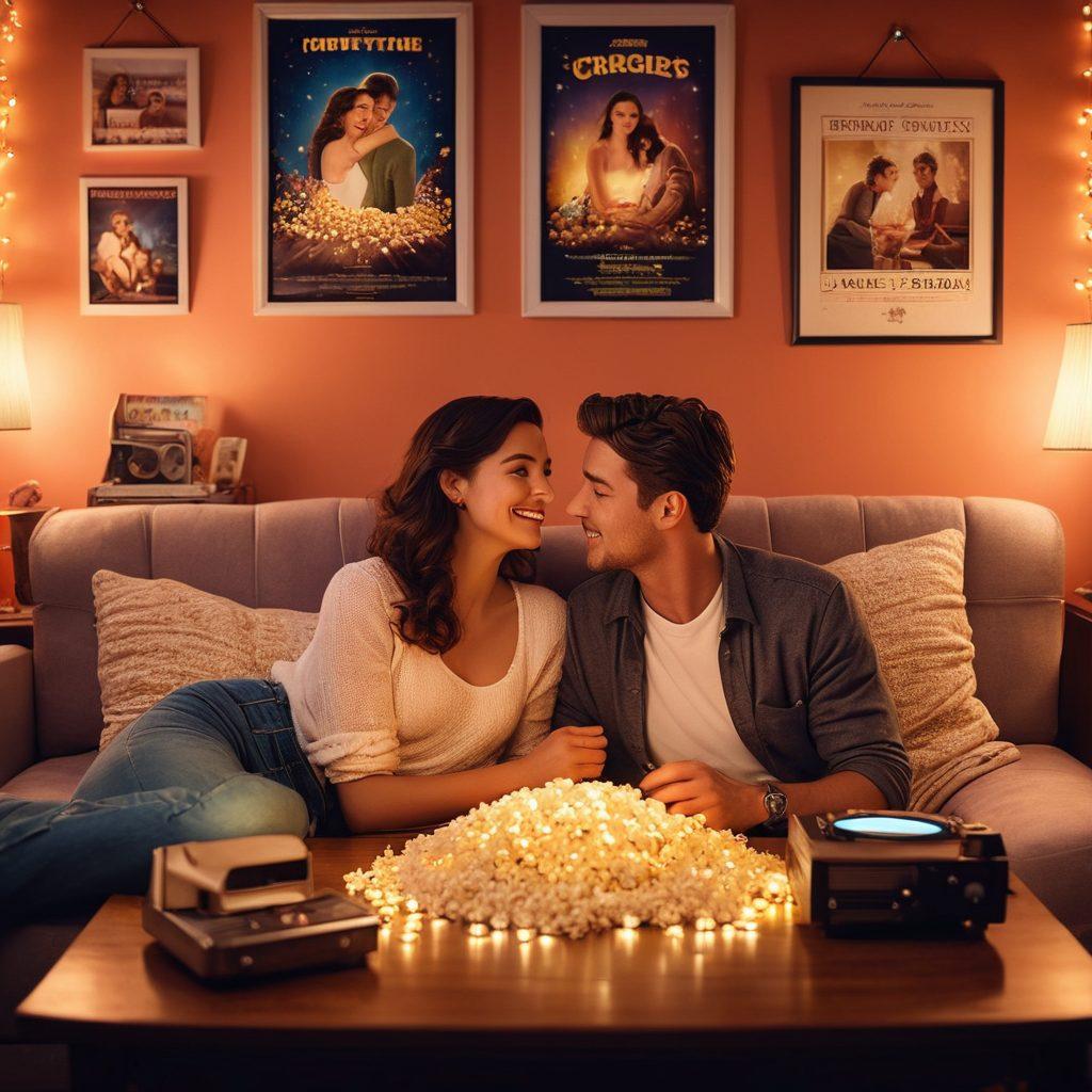 A romantic scene depicting a diverse couple enjoying a cozy movie night, surrounded by scattered popcorn and glowing fairy lights, with vibrant posters of classic romance films adorning the walls. The atmosphere is warm and inviting, showcasing emotional connection and laughter. Include elements like a vintage film projector casting soft light and a record player for a nostalgic touch. super-realistic. vibrant colors. cozy ambiance.