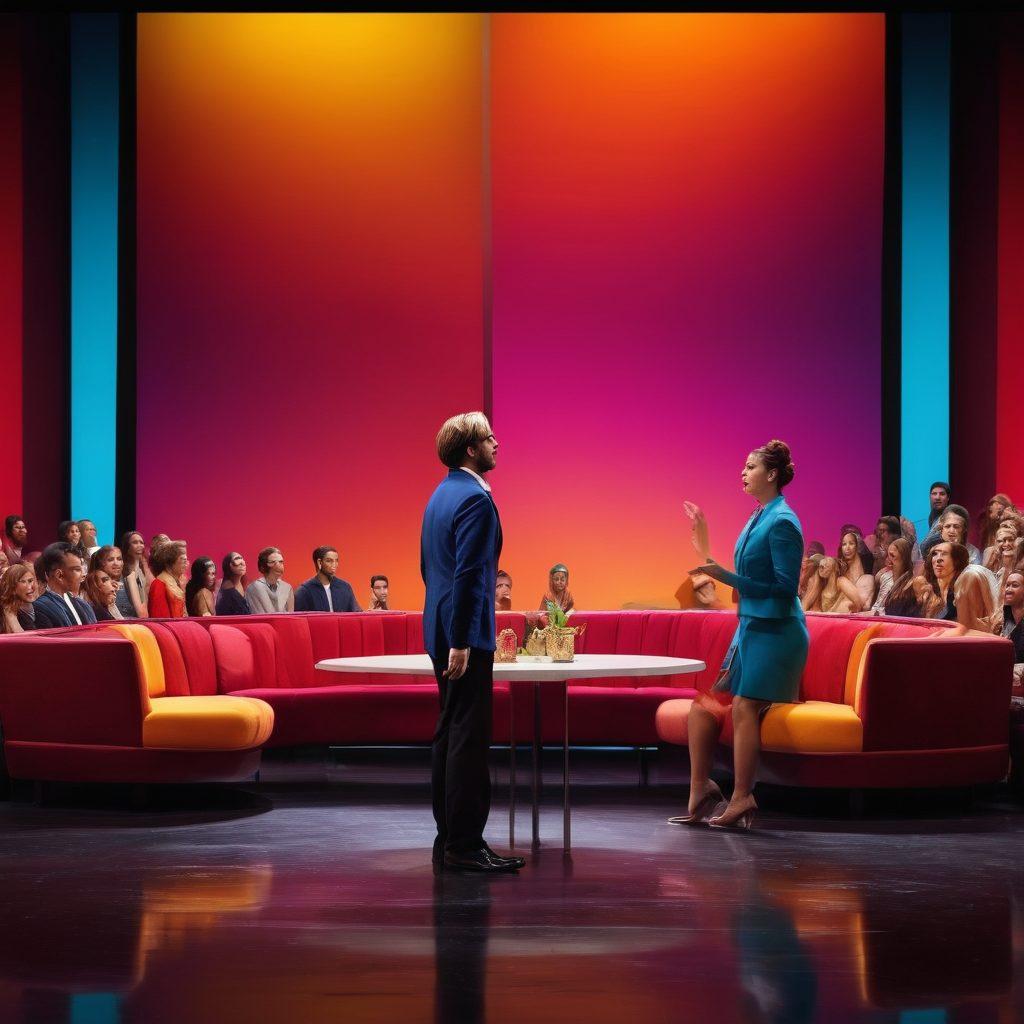 A captivating scene depicting a split-screen, with one side showcasing a dramatic, emotional theater performance and the other side revealing a lively reality TV setting filled with contestants sharing affectionate moments. The actors and contestants should be engaged in expressive gestures, highlighting the theme of affection. Use a vibrant color palette to enhance the contrast between the dramatic and playful aspects of entertainment. artistic blend of realism and modern art. vibrant colors. dynamic composition.